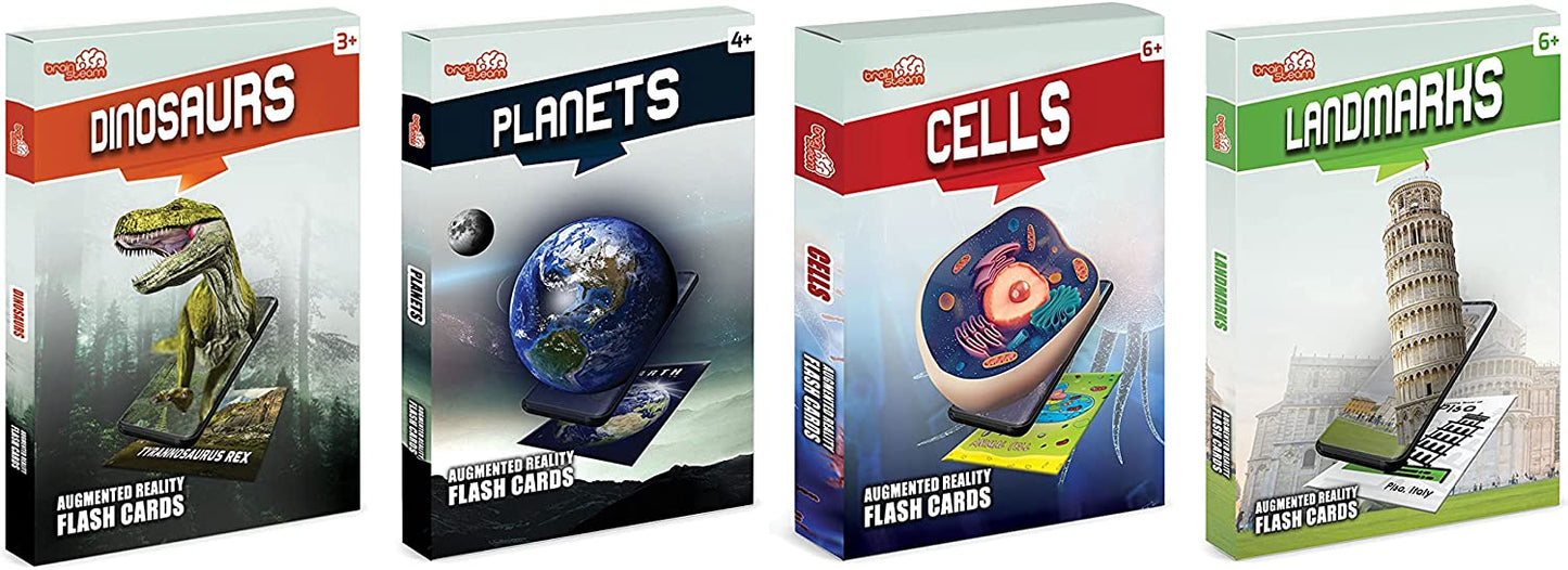 Planets, Cells, Dinosaur & Landmarks Flash Cards - 4D Augmented Reality Flash Cards - Adventure Bundle Set - Brainsteam Education