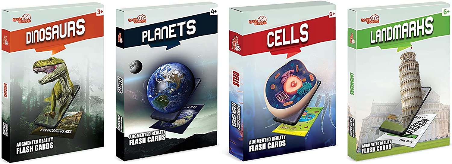 Planets, Cells, Dinosaur & Landmarks Flash Cards - 4D Augmented Reality Flash Cards - Adventure Bundle Set - Brainsteam Education